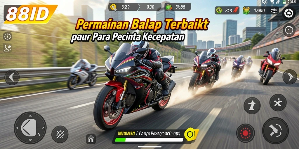 Tangkapan layar utama menunjukkan aksi balapan sepeda motor yang mendebarkan.