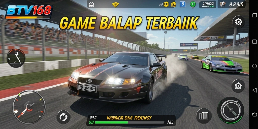 Tangkapan layar utama BTV168 menunjukkan gameplay balap yang seru dan mendebarkan.
