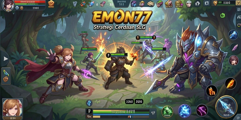 Tampilan menarik dari gameplay EMON77 di dalam pertempuran strategi.