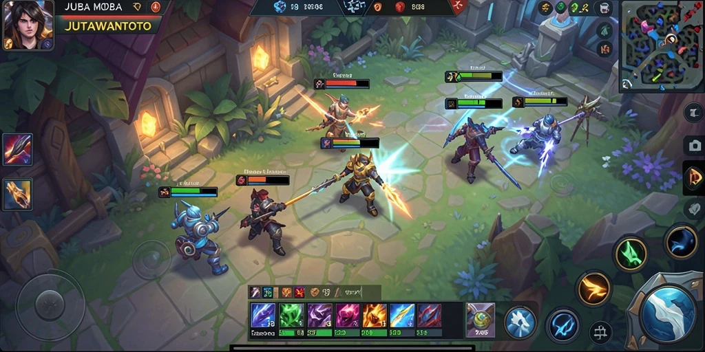 Gameplay seru dari JUTAWANTOTO dengan karakter yang bertarung di arena MOBA.