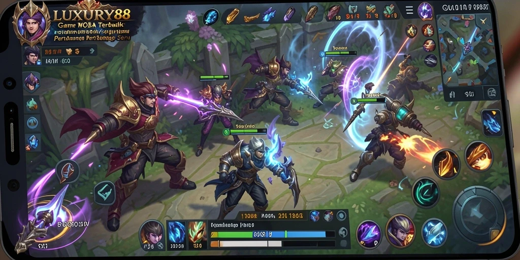 Gameplay MOBA yang mendebarkan dengan pertarungan tim yang intens.