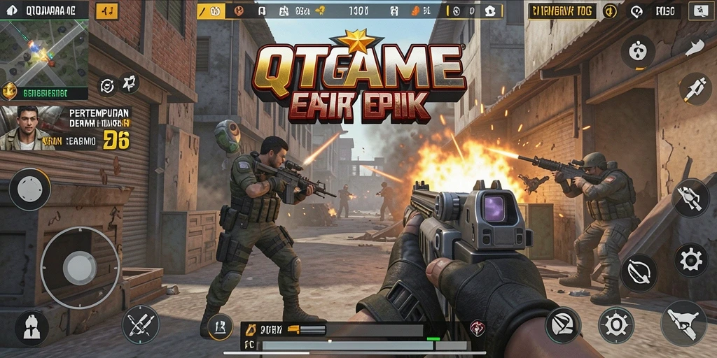 Tampilan gameplay QTGAME yang intens dan mendebarkan dalam genre FPS.