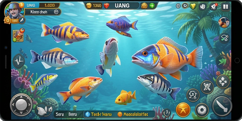 Screenshot utama menampilkan aksi menembak ikan dalam game UANG.